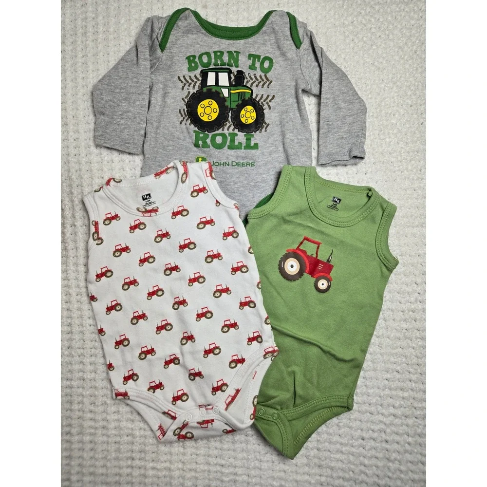 John Deere & HB Baby Boys Tractor Bodysuit Lot 3-6 Months 3 Piece Set Grey Green